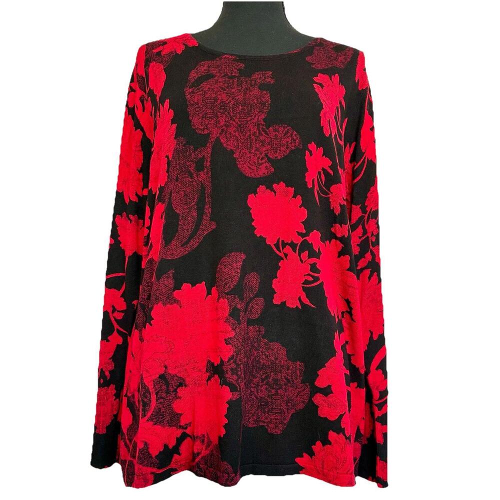 Chicos Red Black Floral Knit Sweater Top Size 2 Large Long Sleeve Winter Preppy